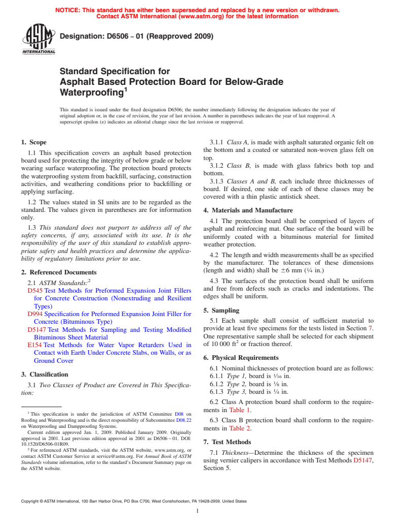 ASTM D6506-01(2009) - Standard Specification for Asphalt Based Protection for Below-Grade Waterproofing