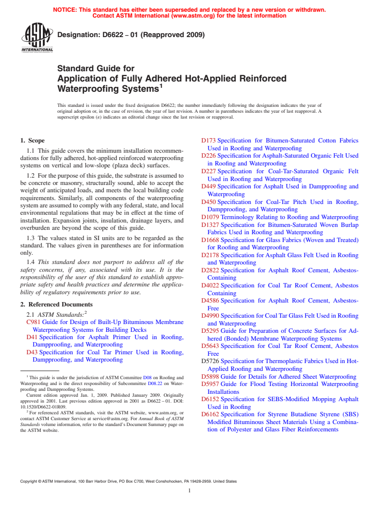 ASTM D6622-01(2009) - Standard Guide for Application of Fully Adhered Hot-Applied Reinforced Waterproofing Systems