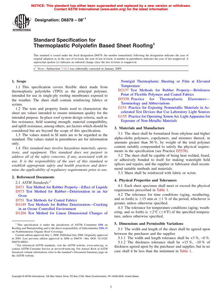 ASTM D6878-08e1 - Standard Specification for Thermoplastic Polyolefin Based Sheet Roofing