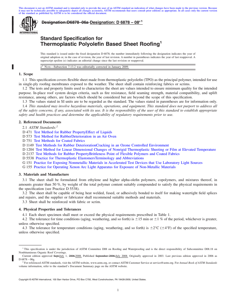 REDLINE ASTM D6878-08e1 - Standard Specification for Thermoplastic Polyolefin Based Sheet Roofing