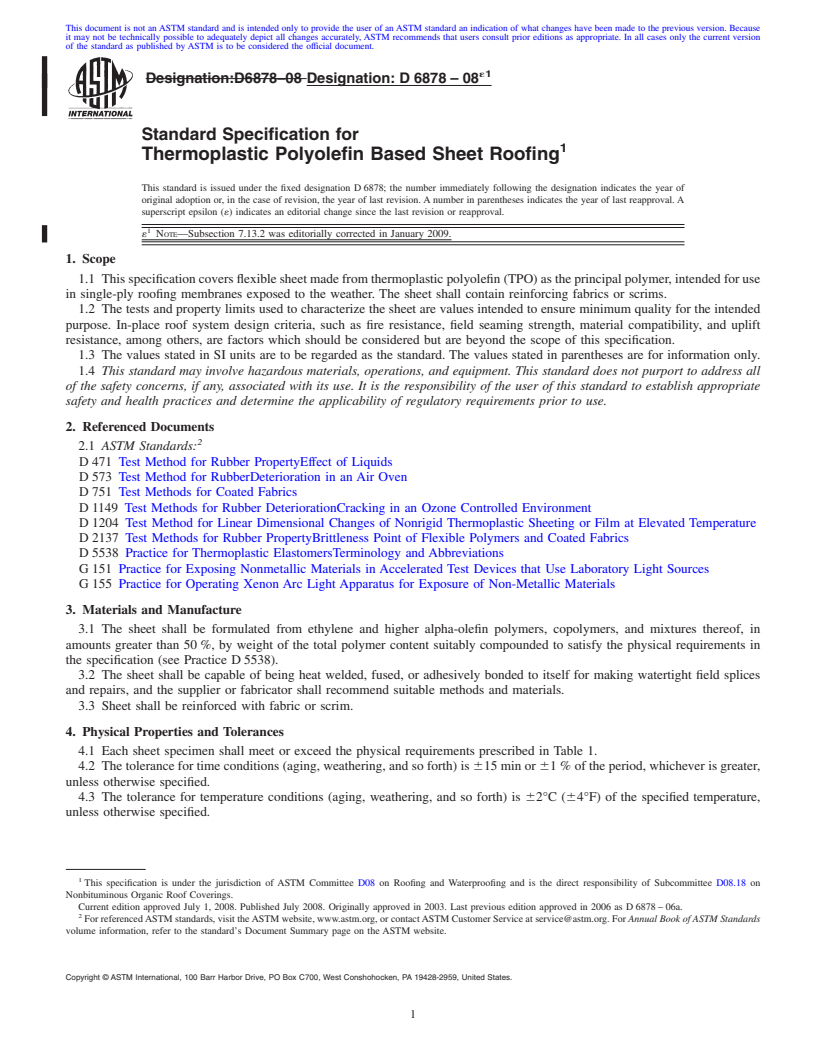 REDLINE ASTM D6878-08e1 - Standard Specification for Thermoplastic Polyolefin Based Sheet Roofing