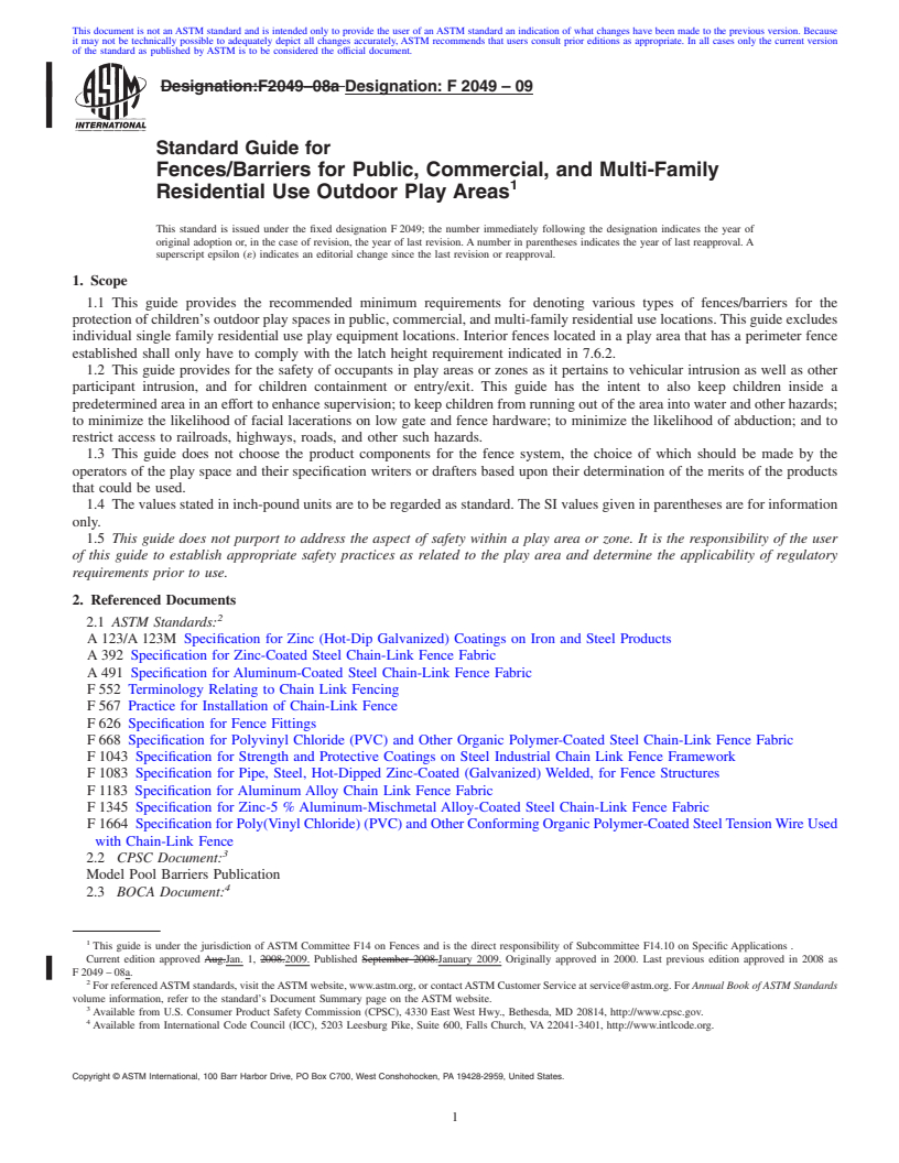 REDLINE ASTM F2049-09 - Standard Guide for Fences/Barriers for Public, Commercial, and Multi-Family Residential Use Outdoor Play Areas