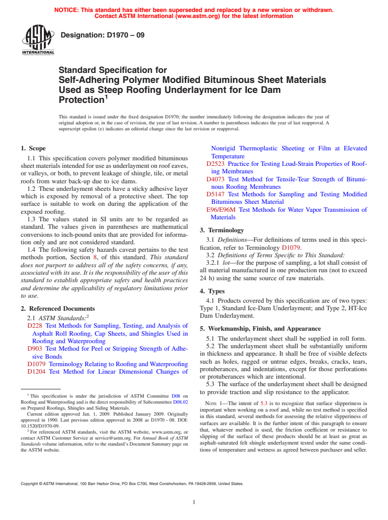 ASTM D1970-09 - Standard Specification for Self-Adhering Polymer Modified Bituminous Sheet Materials Used as Steep Roofing Underlayment for Ice Dam Protection