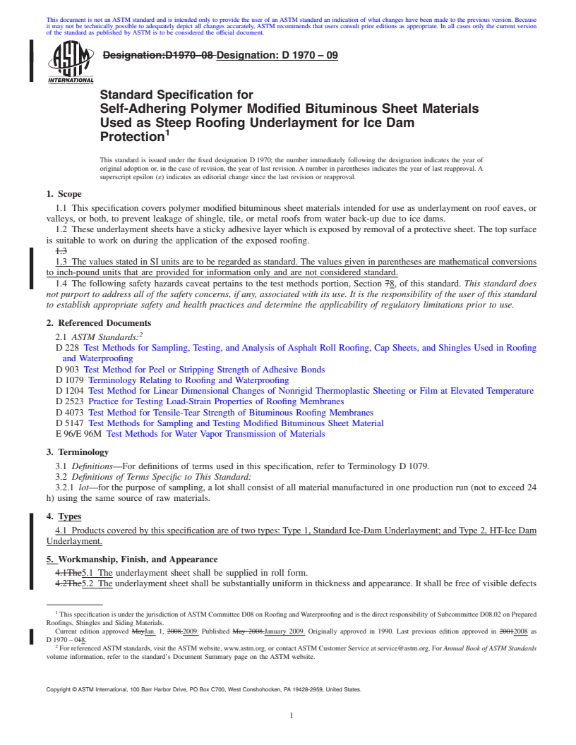 REDLINE ASTM D1970-09 - Standard Specification for Self-Adhering Polymer Modified Bituminous Sheet Materials Used as Steep Roofing Underlayment for Ice Dam Protection