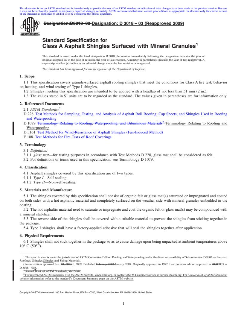 REDLINE ASTM D3018-03(2009) - Standard Specification for Class A Asphalt Shingles Surfaced with Mineral Granules