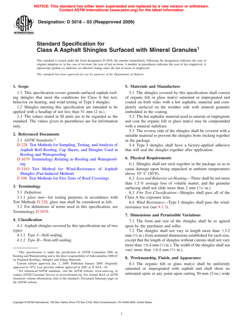 ASTM D3018-03(2009) - Standard Specification for Class A Asphalt Shingles Surfaced with Mineral Granules