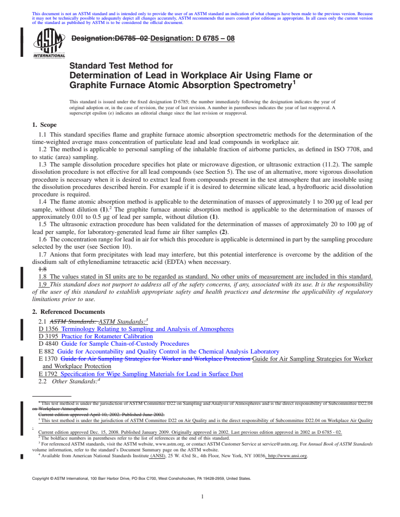 REDLINE ASTM D6785-08 - Standard Test Method for Determination of Lead in Workplace Air Using Flame or Graphite Furnace Atomic Absorption Spectrometry