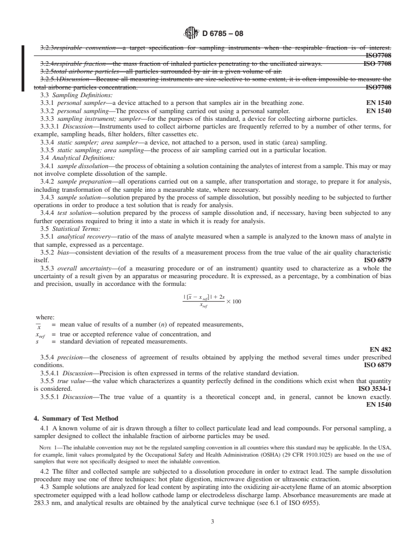 REDLINE ASTM D6785-08 - Standard Test Method for Determination of Lead in Workplace Air Using Flame or Graphite Furnace Atomic Absorption Spectrometry