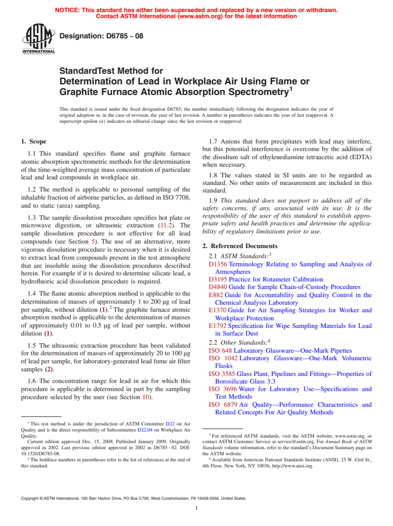 ASTM D6785-08 - Standard Test Method for Determination of Lead in Workplace Air Using Flame or Graphite Furnace Atomic Absorption Spectrometry