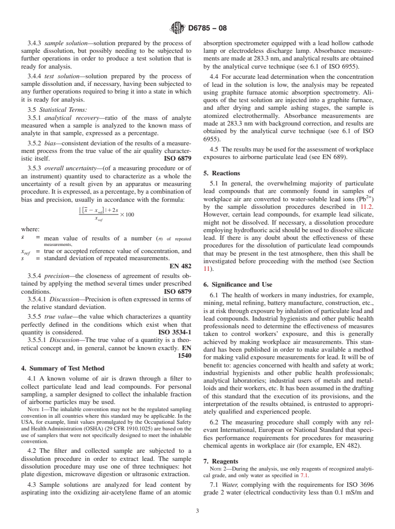 ASTM D6785-08 - Standard Test Method for Determination of Lead in Workplace Air Using Flame or Graphite Furnace Atomic Absorption Spectrometry