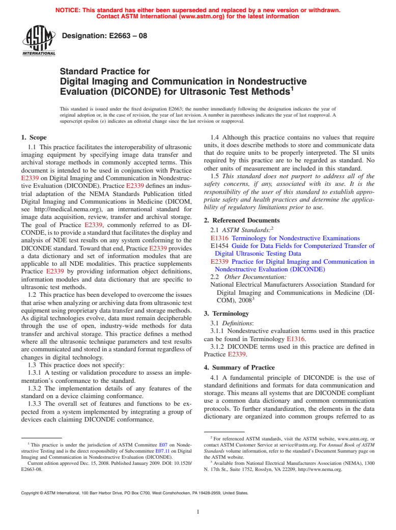 ASTM E2663-08 - Standard Practice for Digital Imaging and Communication in Nondestructive Evaluation (DICONDE) for Ultrasonic Test Methods
