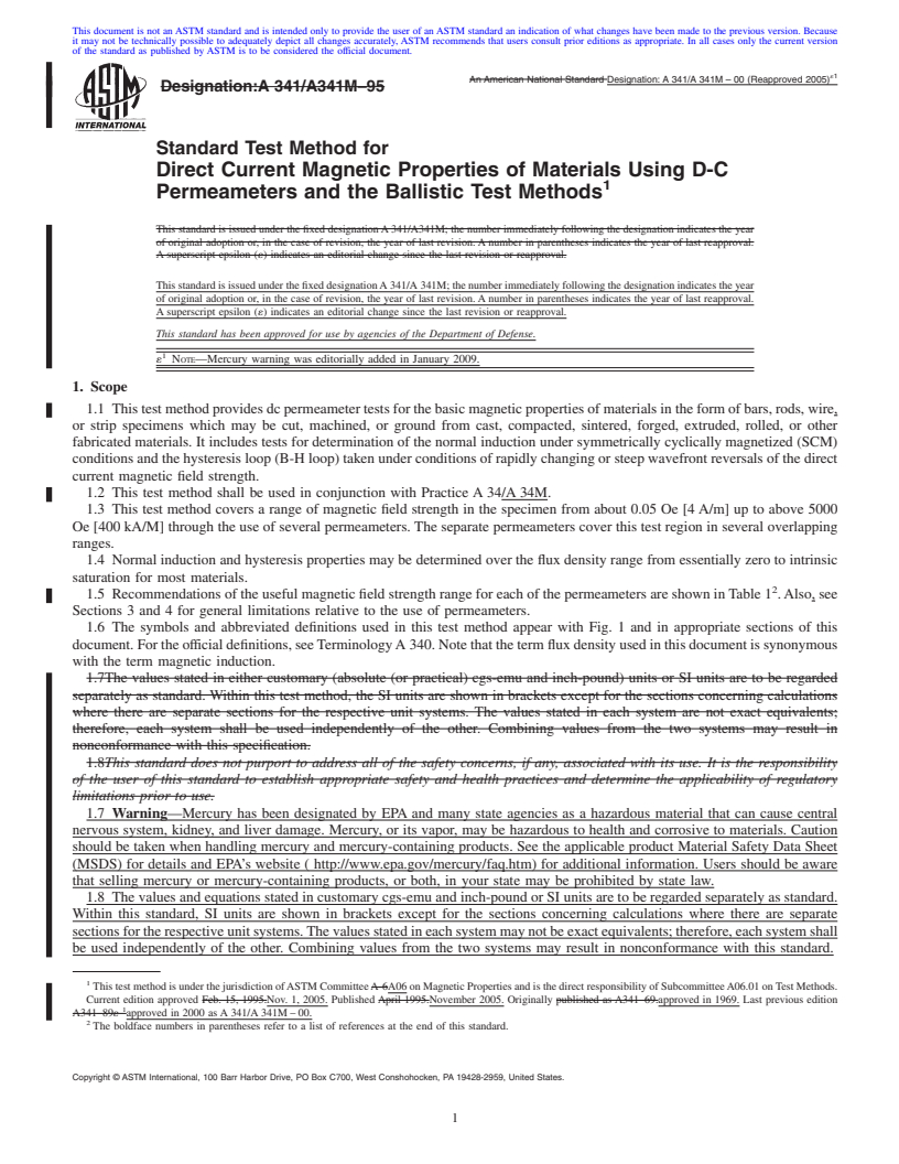 REDLINE ASTM A341/A341M-00(2005)e1 - Standard Test Method for Direct Current Magnetic Properties of Materials Using D-C Permeameters and the Ballistic Test Methods