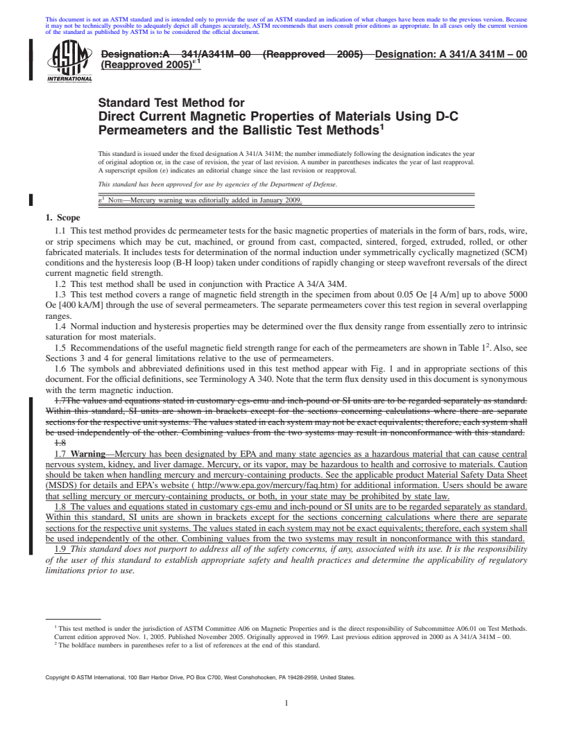 REDLINE ASTM A341/A341M-00(2005)e1 - Standard Test Method for Direct Current Magnetic Properties of Materials Using D-C Permeameters and the Ballistic Test Methods