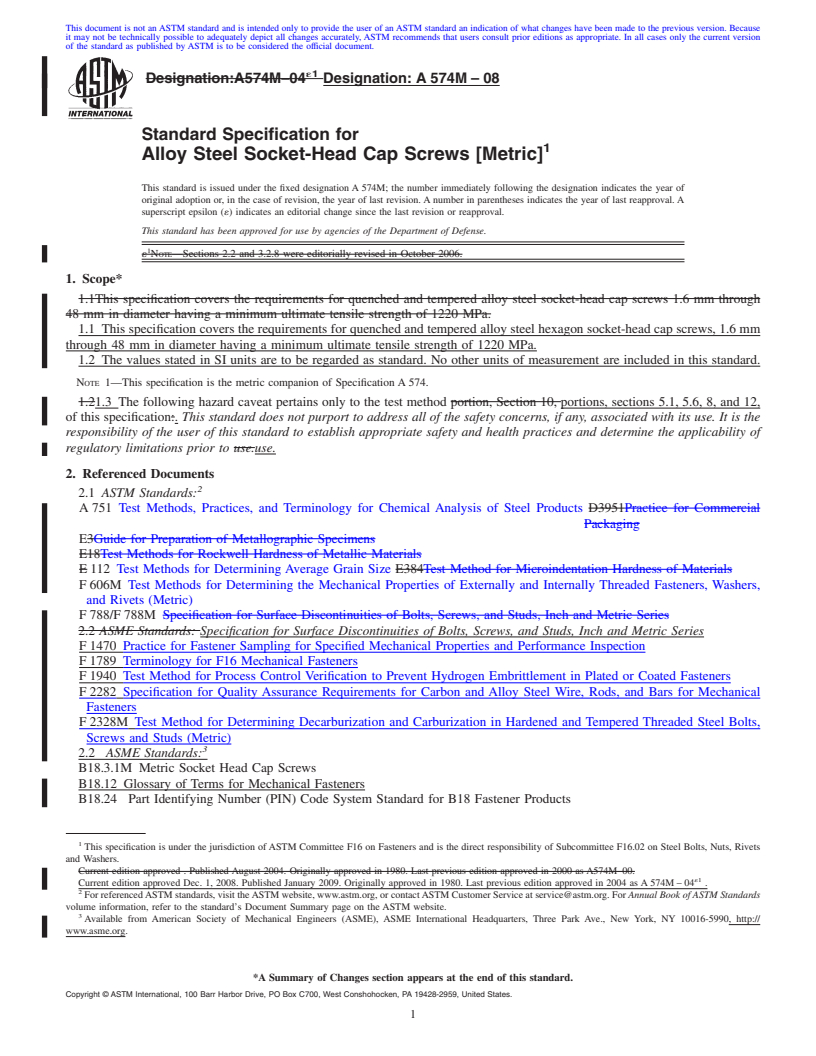 REDLINE ASTM A574M-08 - Standard Specification for Alloy Steel Socket-Head Cap Screws [Metric]