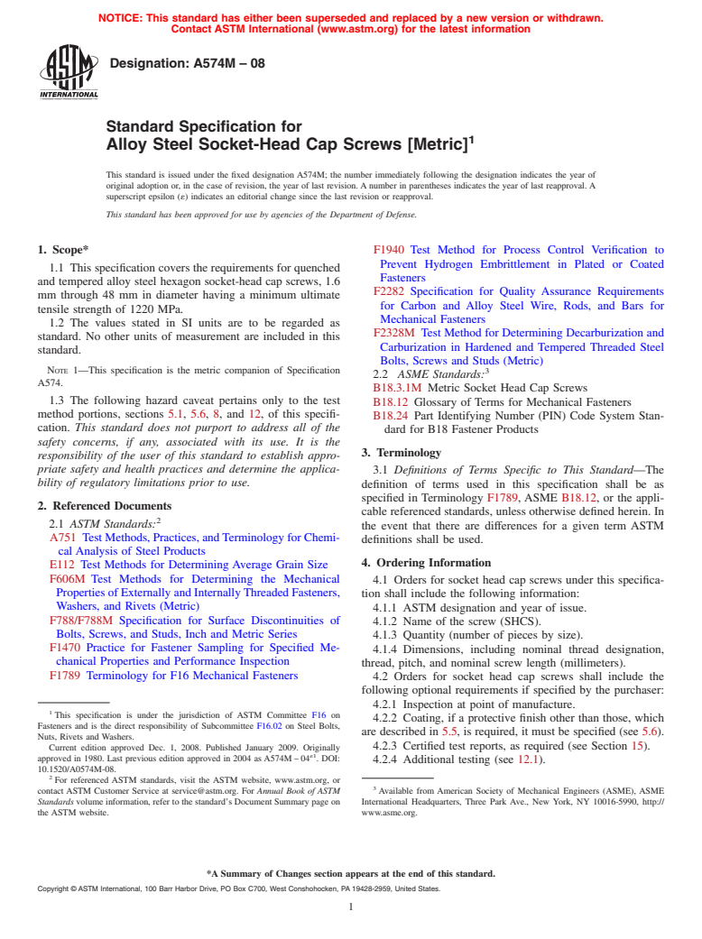 ASTM A574M-08 - Standard Specification for Alloy Steel Socket-Head Cap Screws [Metric]