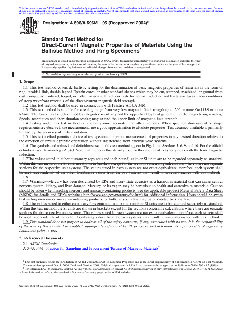 REDLINE ASTM A596/A596M-95(2004)e1 - Standard Test Method for Direct-Current Magnetic Properties of Materials Using the Ballistic Method and Ring Specimens