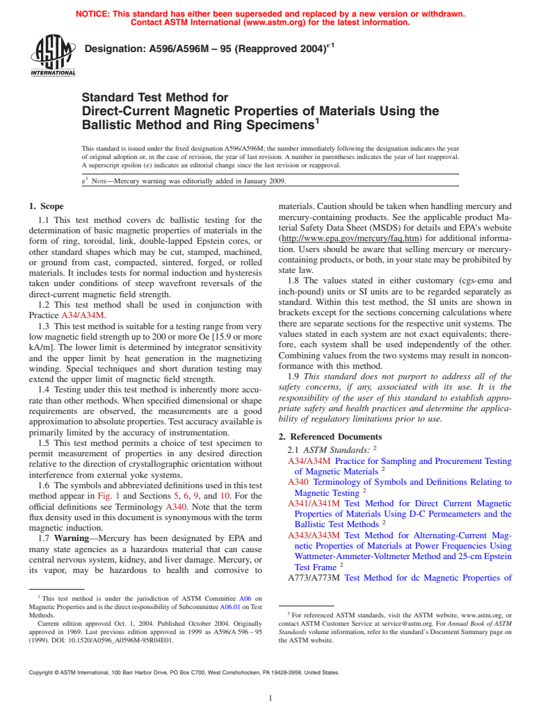 ASTM A596/A596M-95(2004)e1 - Standard Test Method for Direct-Current Magnetic Properties of Materials Using the Ballistic Method and Ring Specimens