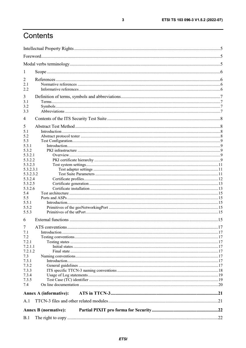 ETSI TS 103 096-3 V1.5.2 (2022-07) - Intelligent Transport Systems (ITS); Testing; Conformance test specifications for ITS Security; Part 3: Abstract Test Suite (ATS) and Protocol Implementation eXtra Information for Testing (PIXIT)