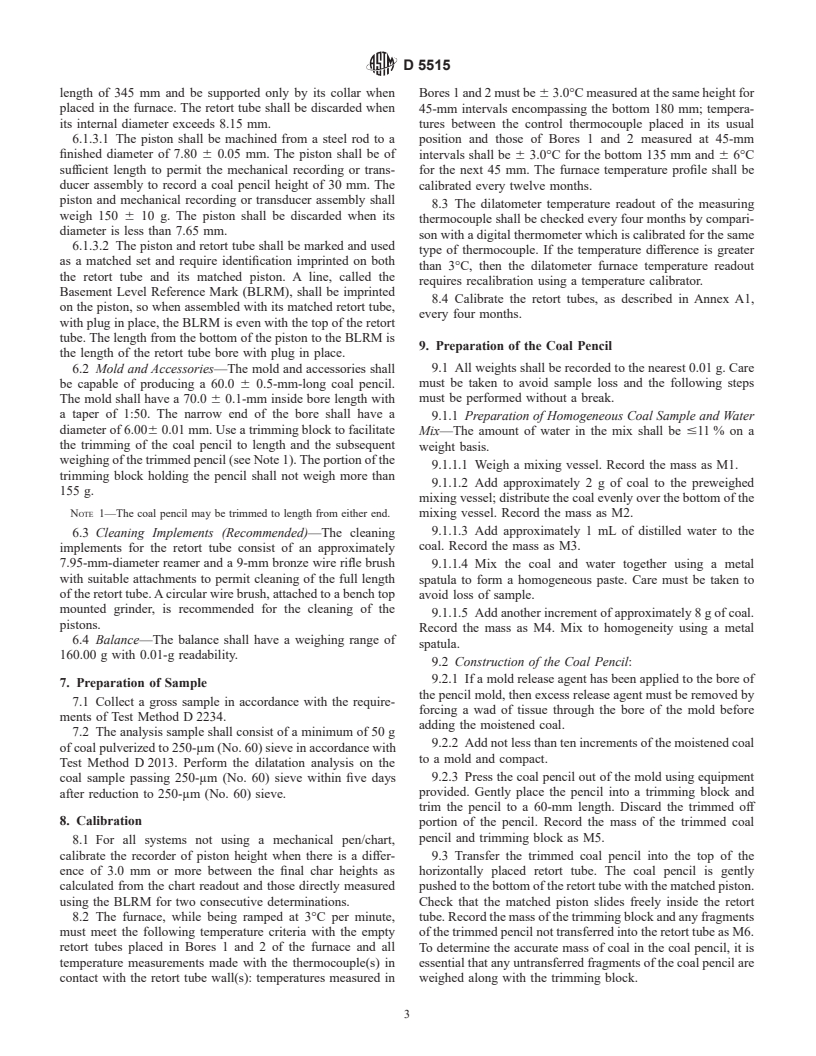 ASTM D5515-97 - Standard Test Method for Determination of the Swelling Properties of Bituminous Coal Using a Dilatometer