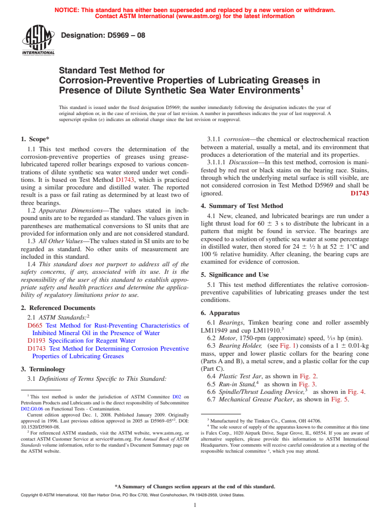 ASTM D5969-08 - Standard Test Method for Corrosion-Preventive Properties of Lubricating Greases in Presence of Dilute Synthetic Sea Water Environments