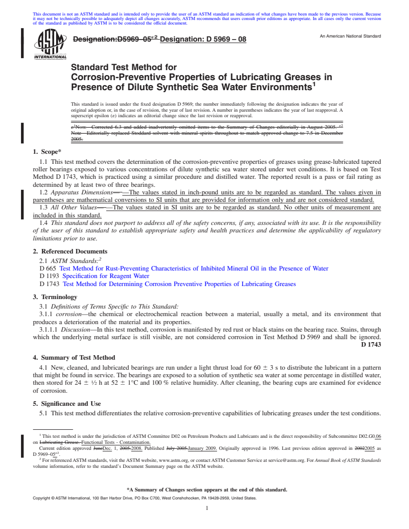 REDLINE ASTM D5969-08 - Standard Test Method for Corrosion-Preventive Properties of Lubricating Greases in Presence of Dilute Synthetic Sea Water Environments