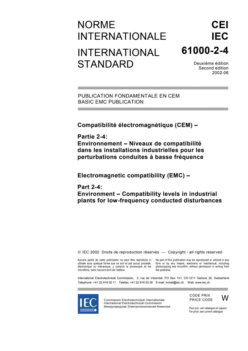 IEC 61000-2-4:2002 - Electromagnetic compatibility (EMC) - Part 2-4: Environment - Compatibility levels in industrial plants for low-frequency conducted disturbances