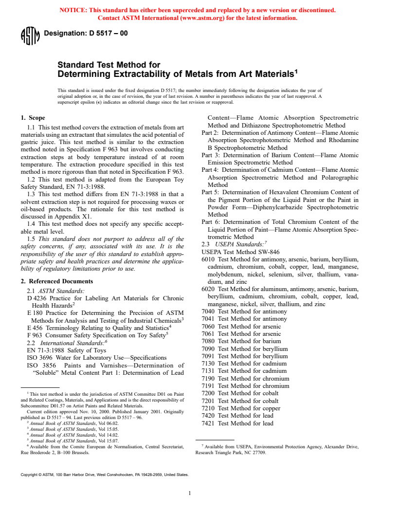 ASTM D5517-00 - Standard Test Method for Determining Extractability of Metals from Art Materials