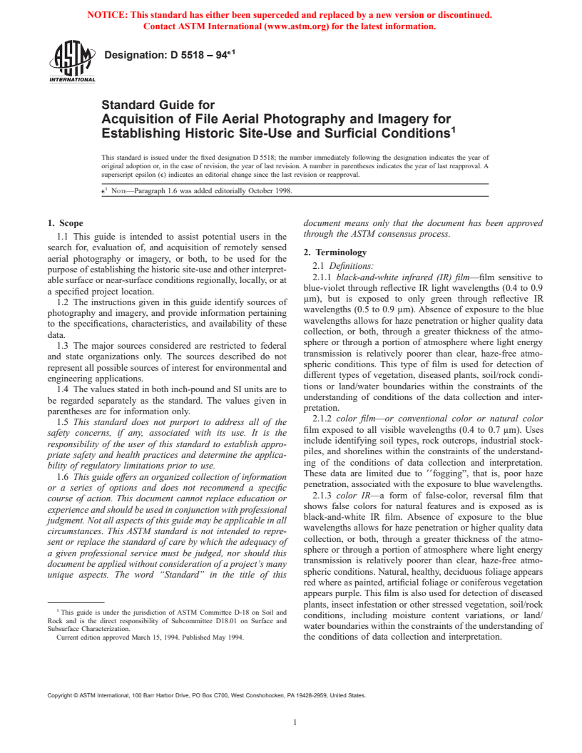 ASTM D5518-94e1 - Standard Guide for Acquisition of File Aerial Photography and Imagery for Establishing Historic Site-Use and Surficial Conditions (Withdrawn 2003)