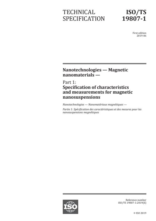 ISO/TS 19807-1:2019 - Nanotechnologies -- Magnetic nanomaterials