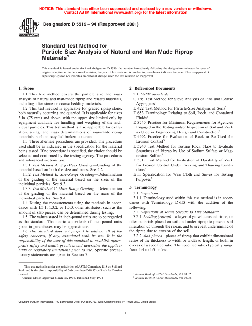 ASTM D5519-94(2001) - Standard Test Method for Particle Size Analysis of Natural and Man-Made Riprap Materials