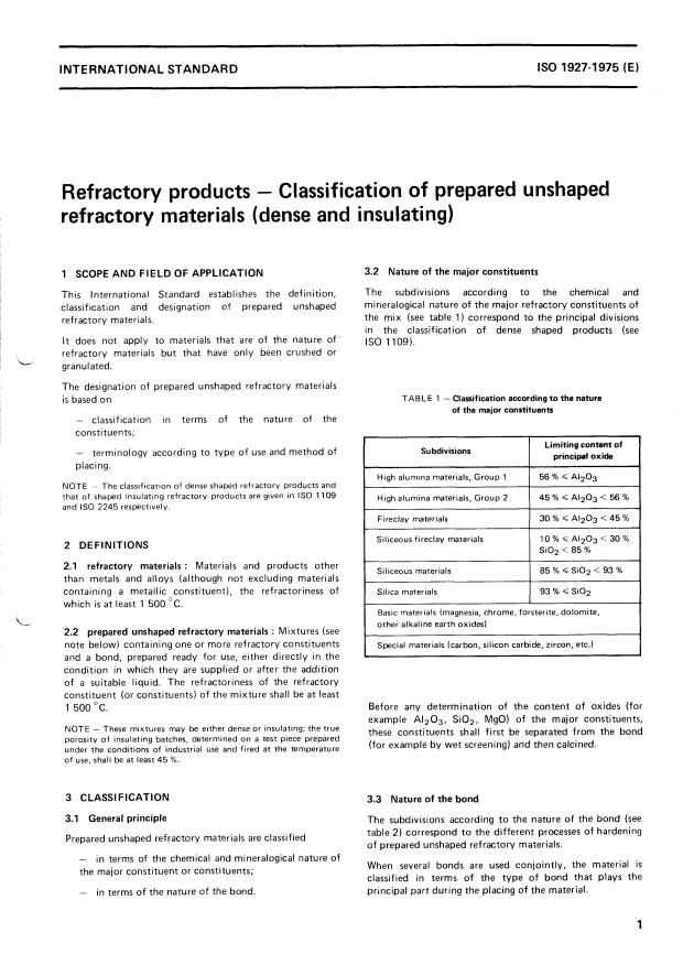 ISO 1927:1975 - Refractory products -- Classification of prepared unshaped refractory materials (dense and insulating)