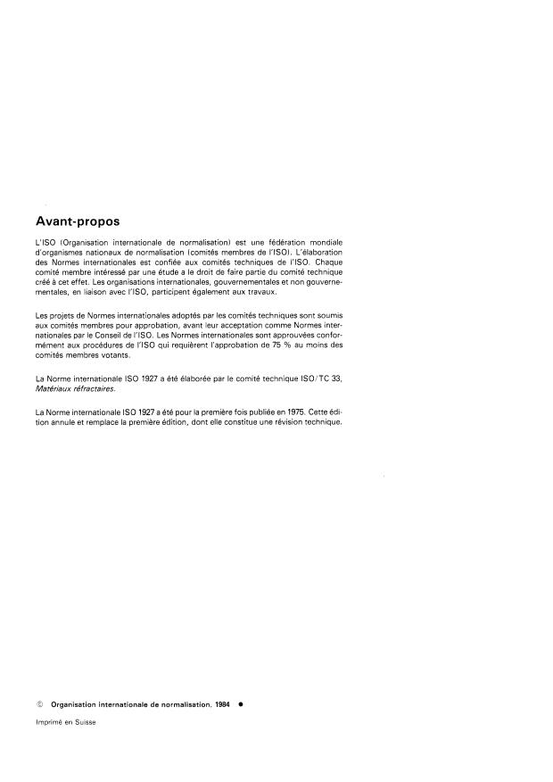 ISO 1927:1984 ISO 1927:1984 - Matériaux réfractaires non façonnés préparés (denses et isolants) -- Classification - Page 2 preview