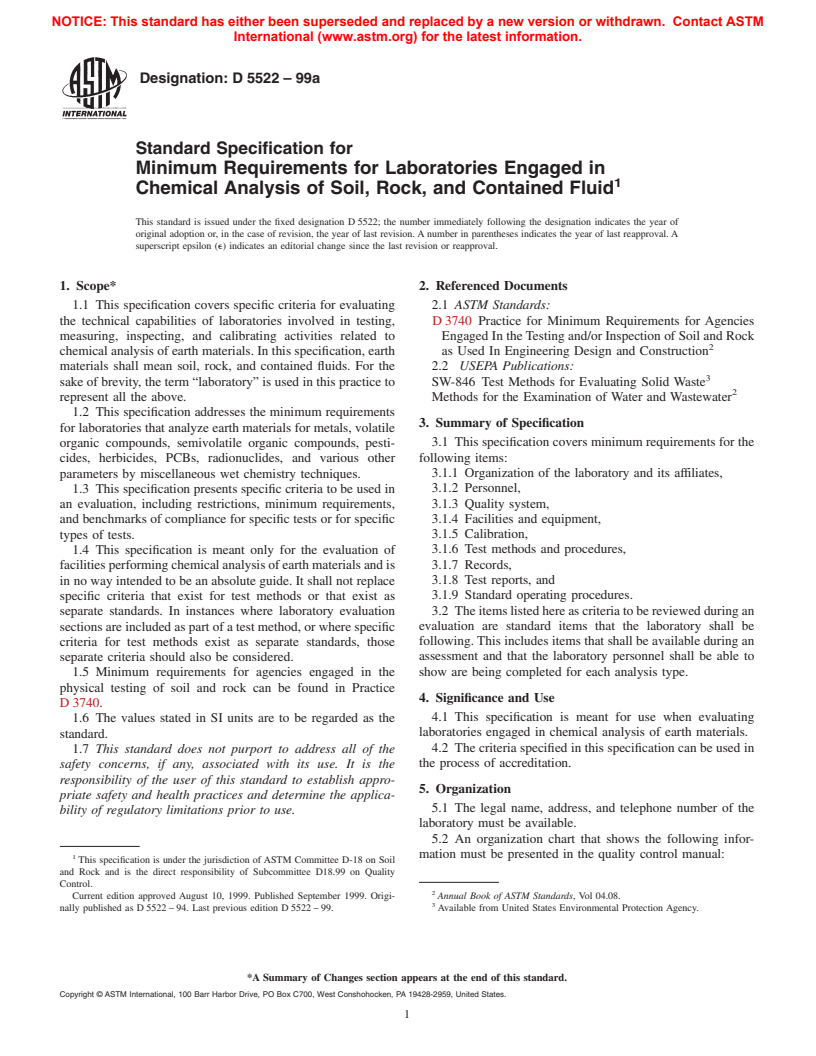 ASTM D5522-99a - Standard Specification for Minimum Requirements for Laboratories Engaged in Chemical Analysis of Soil, Rock, and Contained Fluid (Withdrawn 2004)