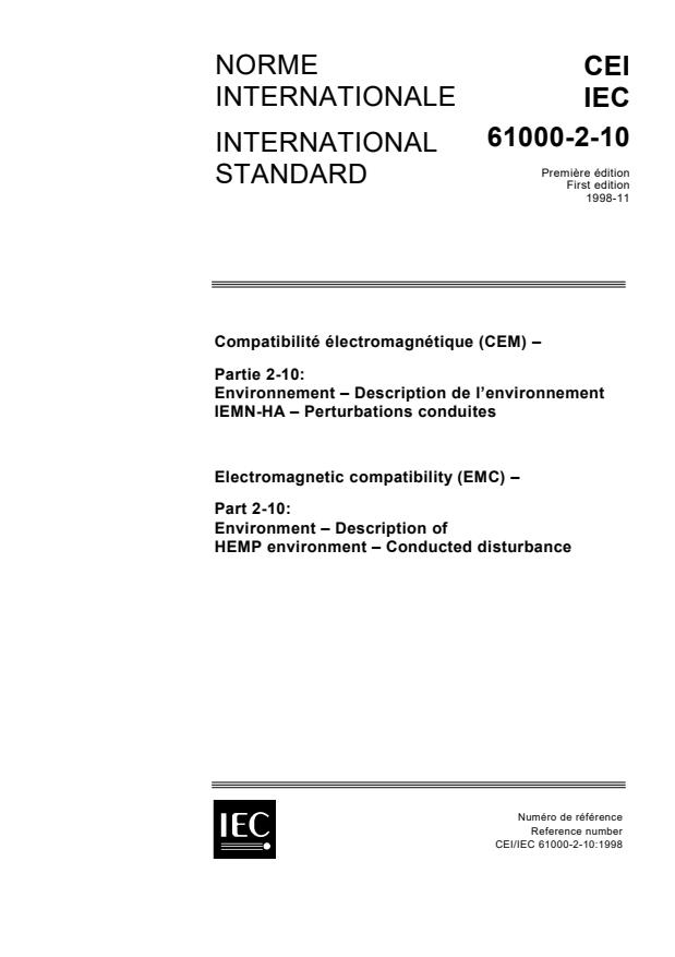 IEC 61000-2-10:1998 - Electromagnetic compatibility (EMC) - Part 2-10: Environment - Description of HEMP environment - Conducted disturbance