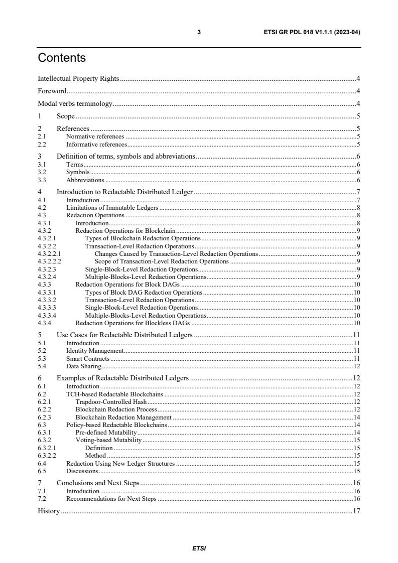 ETSI GR PDL 018 V1.1.1 (2023-04) - Permissioned Distributed Ledger (PDL); Redactable Distributed Ledgers