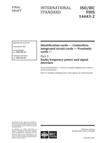 ISO/IEC 14443-2:2016 - Identification cards -- Contactless integrated circuit cards -- Proximity cards