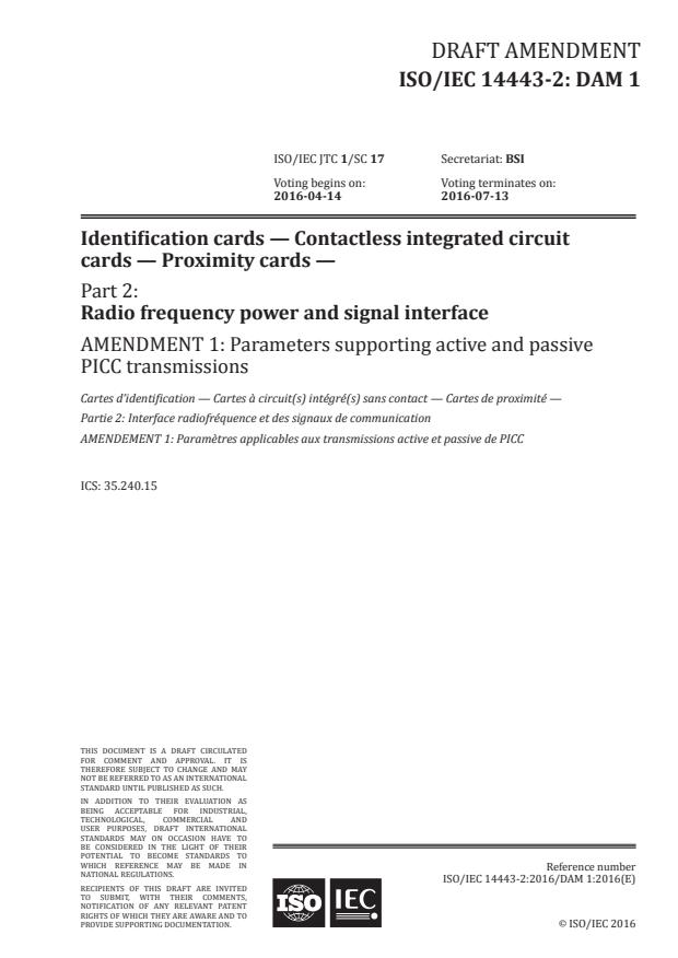 ISO/IEC 14443-2:2016/DAmd 1