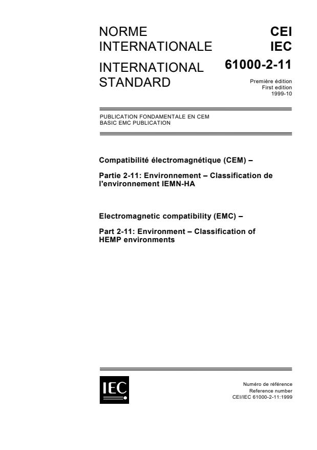IEC 61000-2-11:1999 - Electromagnetic compatibility (EMC) - Part 2-11: Environment - Classification of HEMP environments