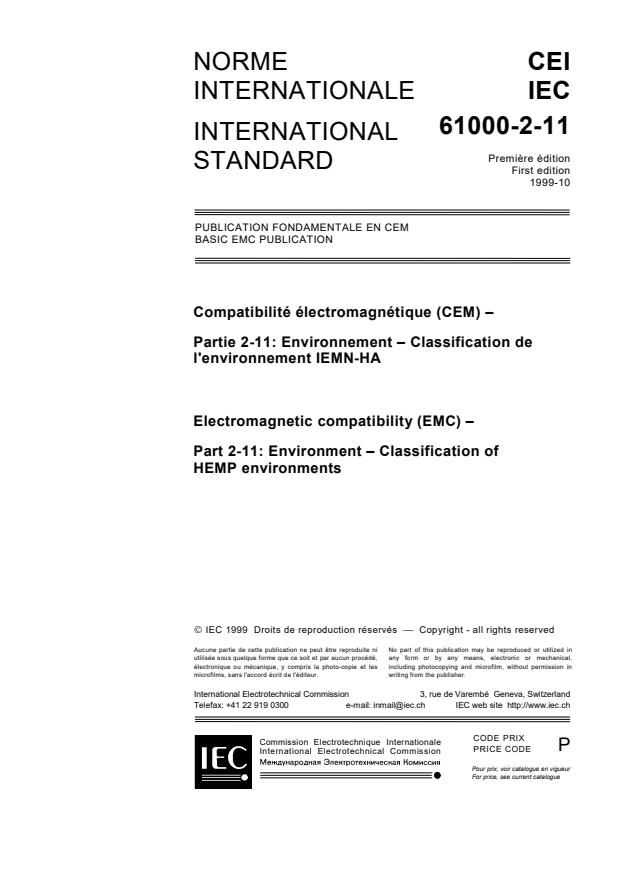 IEC 61000-2-11:1999 - Electromagnetic compatibility (EMC) - Part 2-11: Environment - Classification of HEMP environments