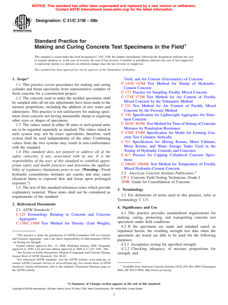 ASTM C31/C31M-08b - Standard Practice for Making and Curing Concrete Test Specimens in the Field