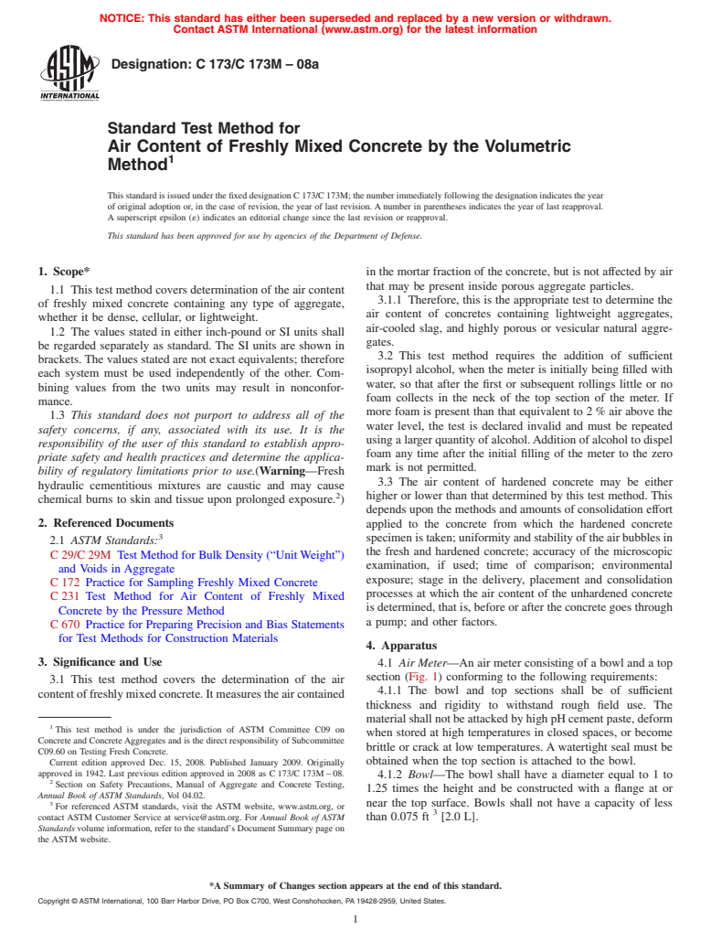 ASTM C173/C173M-08a - Standard Test Method for Air Content of Freshly Mixed Concrete by the Volumetric Method