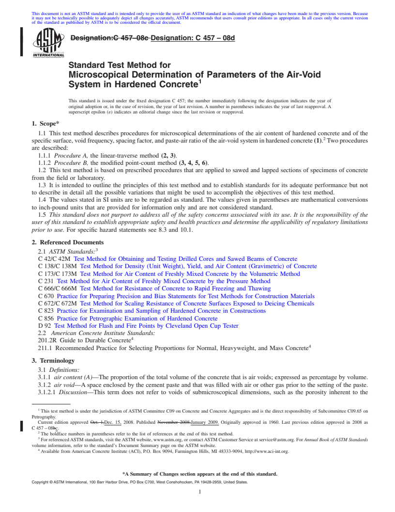 REDLINE ASTM C457-08d - Standard Test Method for Microscopical Determination of Parameters of the Air-Void System in Hardened Concrete