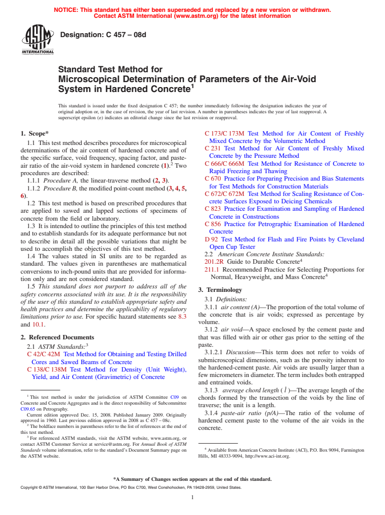 ASTM C457-08d - Standard Test Method for Microscopical Determination of Parameters of the Air-Void System in Hardened Concrete