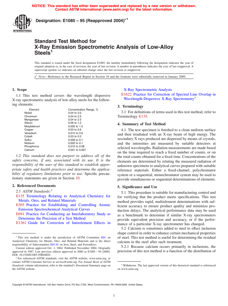 ASTM E1085-95(2004)e1 - Standard Test Method for X-Ray Emission Spectrometric Analysis of Low-Alloy Steels