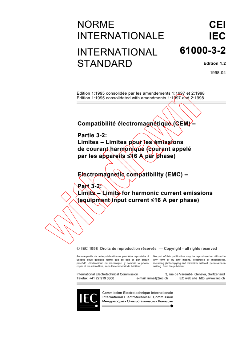 IEC 61000-3-2:1995+AMD1:1997+AMD2:1998 CSV - Electromagnetic compatibility (EMC) - Part 3-2: Limits - Limits for harmonic current emissions (equipment input current <= 16 A per phase)
Released:4/23/1998
Isbn:2831843243