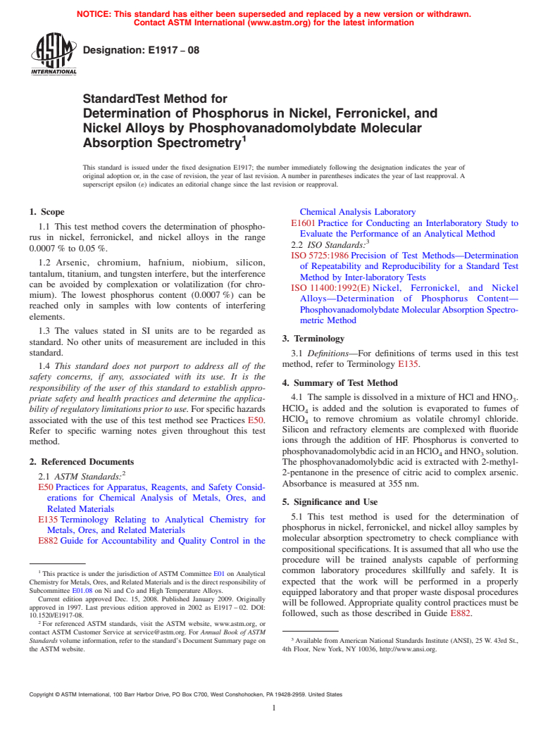 ASTM E1917-08 - Standard Test Method for Determination of Phosphorus in Nickel, Ferronickel, and Nickel Alloys by Phosphovanadomolybdate Molecular Absorption Spectrometry