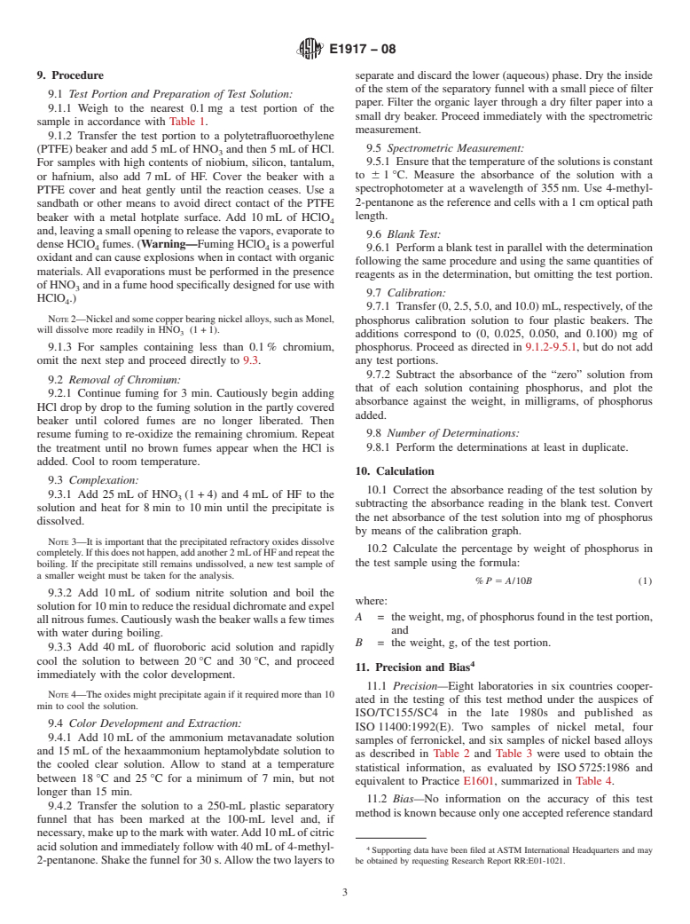 ASTM E1917-08 - Standard Test Method for Determination of Phosphorus in Nickel, Ferronickel, and Nickel Alloys by Phosphovanadomolybdate Molecular Absorption Spectrometry