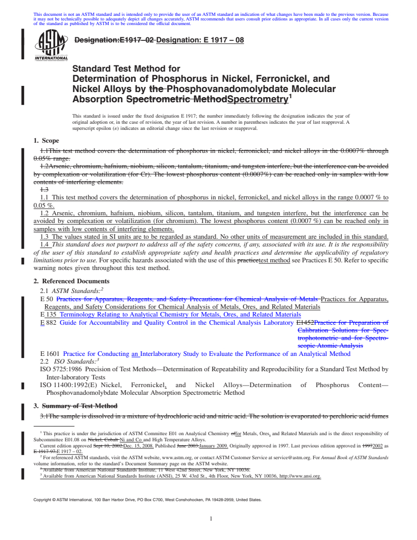 REDLINE ASTM E1917-08 - Standard Test Method for Determination of Phosphorus in Nickel, Ferronickel, and Nickel Alloys by Phosphovanadomolybdate Molecular Absorption Spectrometry