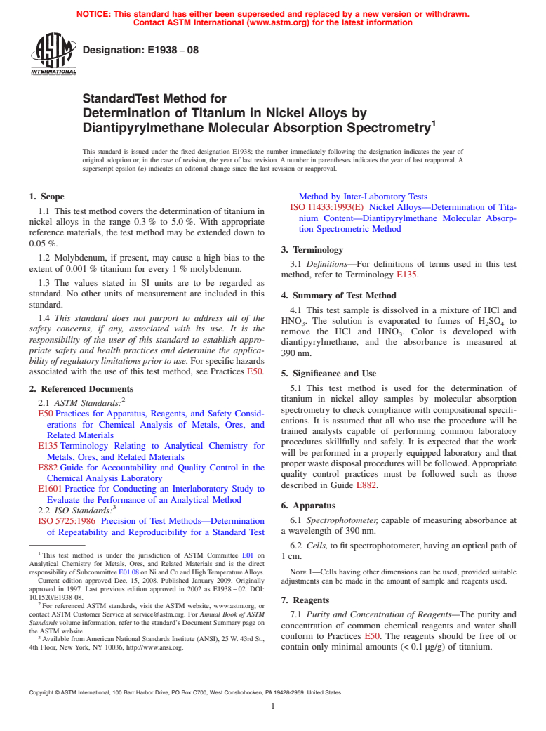 ASTM E1938-08 - Standard Test Method for Determination of Titanium in Nickel Alloys by Diantipyrylmethane Molecular Absorption Spectrometry