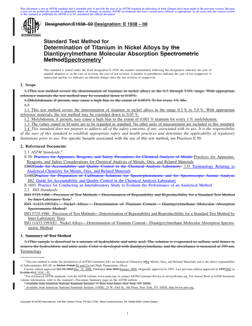 REDLINE ASTM E1938-08 - Standard Test Method for Determination of Titanium in Nickel Alloys by Diantipyrylmethane Molecular Absorption Spectrometry